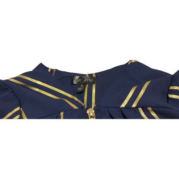 J FOR JUSTIFY LONG SLEEVE V-NECK ZIP FRONT TOP, WOMENS, XL, NAVY W/GOLD STRIPES - Picture 2 of 10